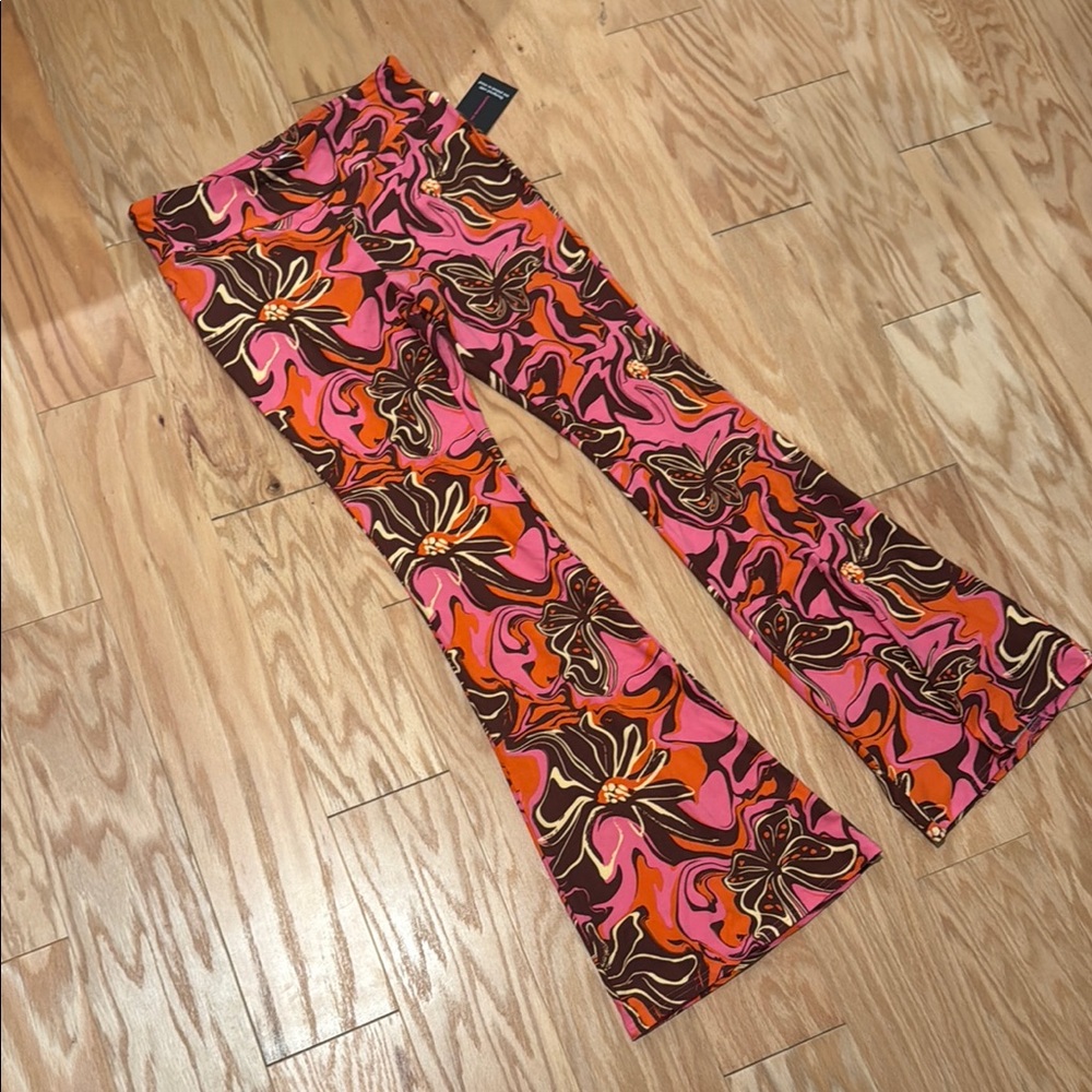 Floral Patterned Pink and Orange Women's Flared Pants